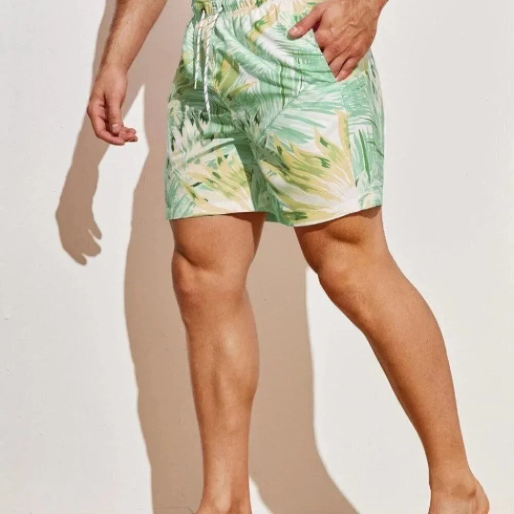 Green Vacation Style Men Tropical Print Swim Trunks